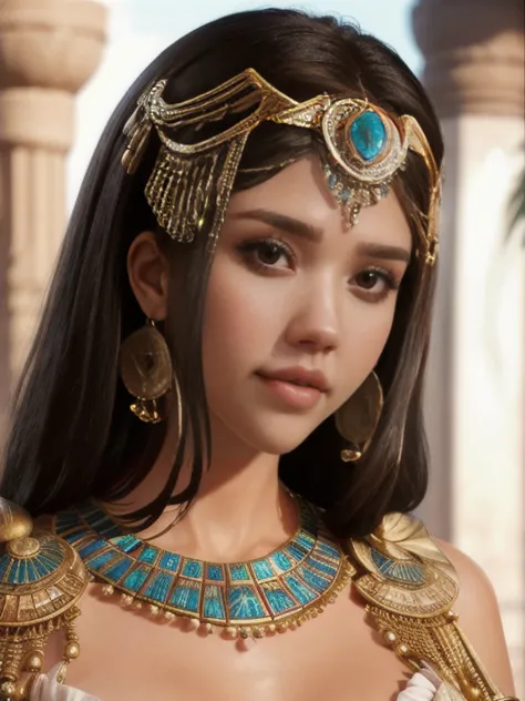 Jessica Alba as Cleopatra,[Jewelry],[Egyptian clothes],[ancient Egypt],4k,sharp image,detailed