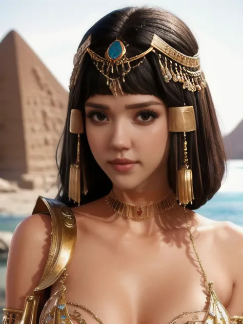 Jessica Alba as Cleopatra,[Jewelry],[Egyptian clothes],[ancient Egypt],4k,sharp image,detailed, sexy