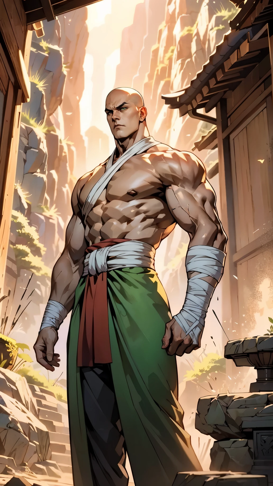 A man with a brown crew cut, upturned thick eyebrows, green eyes, a determined expression, long face, well-defined features, tall and muscular physique, a fantasy-style monk's robe, a torn collar revealing his sturdy chest muscles, bandages wrapped around his abdomen, kung fu pants, stands before a mystical mountain temple, this character embodies a finely crafted fantasy-style martial monk in anime style, exquisite and mature manga art style, high definition, best quality, highres, ultra-detailed, ultra-fine painting, extremely delicate, professional, perfect body proportions, golden ratio, anatomically correct, symmetrical face, extremely detailed eyes and face, high quality eyes, creativity, RAW photo, UHD, 32k, Natural light, cinematic lighting, masterpiece-anatomy-perfect, masterpiece:1.5