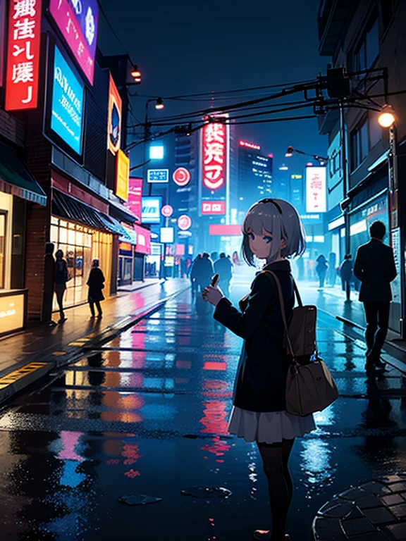 night, Colorful cyberpunk city background, rain, street, housemaid, Nazuna Nanakusa,Yofukashi no uta, Blue eyes, shining eyes, black stockings, with backlight, shine, looking for an audience, Low-angle lens, looking into the lens, perfect composition, Perfect delicacy of light and shadow, 8K