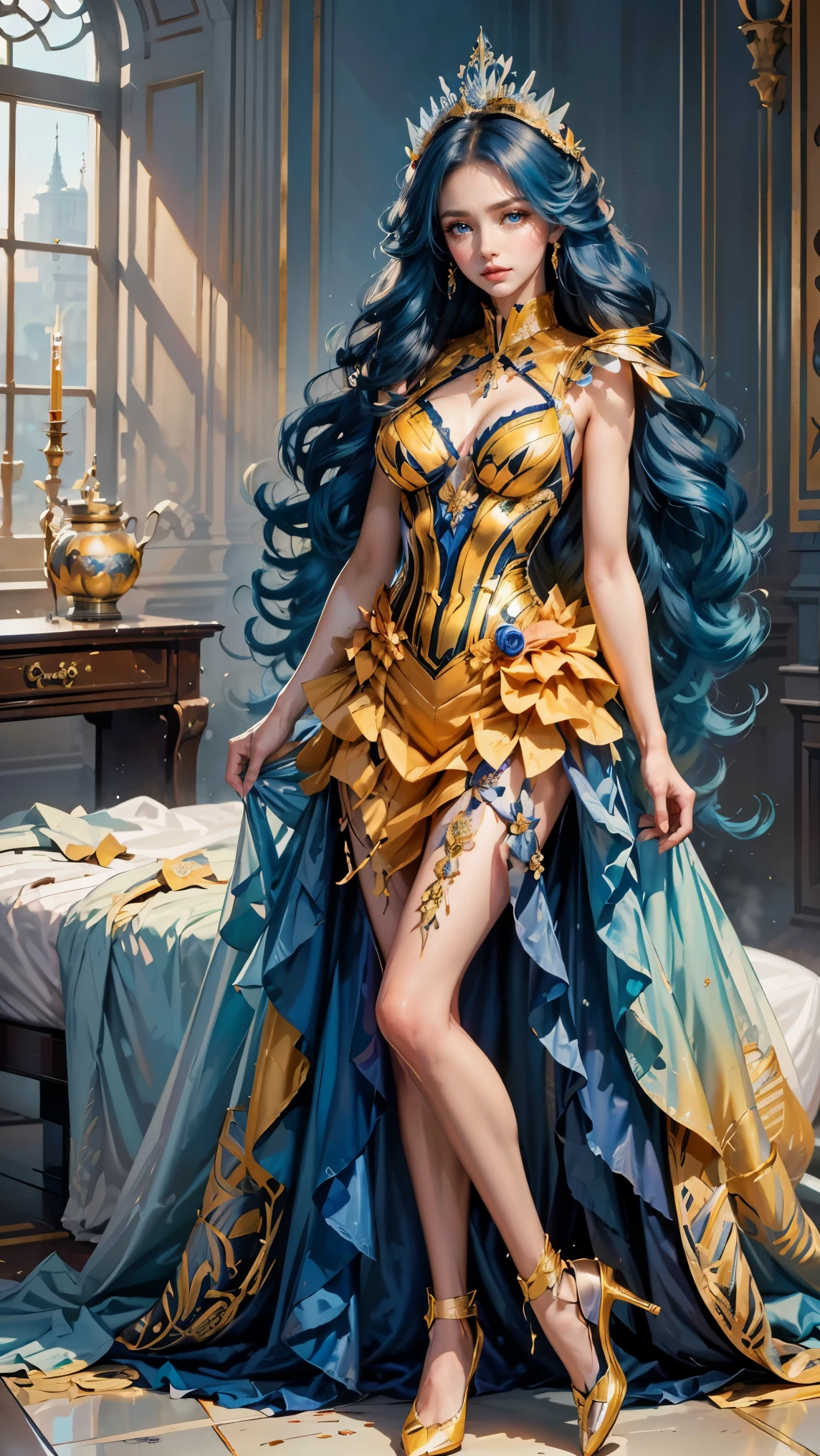 Best quality, masterpiece, ultra high res, raw photo, beautiful and aesthetic,deep shadow, dark theme,(ultra detailed:1.3),
1girl, sexy pose, Headdress, hair ornament, full of curtain, drill hair, long hair, blonde hair, gradient hair, yellow eyes, solo, huge breasts, G-cup, big hair, blue hair, tiara, divine goddess, looking at viewer, royal palace, indoors, bedroom, astraea, full body, butterfly dress