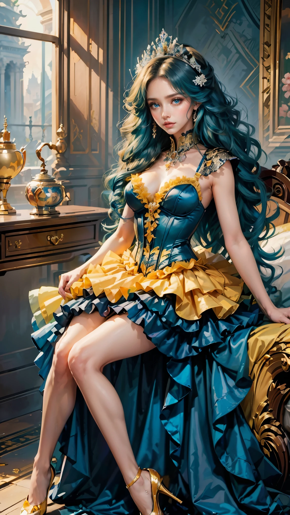 Best quality, masterpiece, ultra high res, raw photo, beautiful and aesthetic,deep shadow, dark theme,(ultra detailed:1.3),
1girl, sexy pose, Headdress, hair ornament, full of curtain, drill hair, long hair, blonde hair, gradient hair, yellow eyes, solo, huge breasts, G-cup, big hair, blue hair, tiara, divine goddess, looking at viewer, royal palace, indoors, bedroom, astraea, full body, burlesque dress