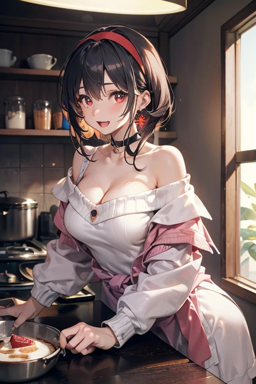 masterpiece, 1girl, Amazing Cleavage:1.3, thin waist, big ass, Raised sexy, medium breast:1.3,posed cleavage:1.2,solo, looking at viewer, open mouth, have a cup of coffee,black hair, red eyes, dress, bare shoulders, jewelry, collarbone, sidelocks, hairband, earrings, indoors, off shoulder, :o, sweater, arms behind back, plant, short hair with long locks, white hairband, off-shoulder dress, sweater dress, off-shoulder sweater, red sweater, big side hair, very long side hair,is rendered in (masterpiece: 1.2, best quality), with (ultra high resolution) and an exquisite (depth of field). This masterpiece is not only visually stunning but also tells, make of cooking some cakes ,in the kitchen,smile,seductive weak smiling,(with sparkling eyes and a contagious smile),open mouth, Looking at Viewer,