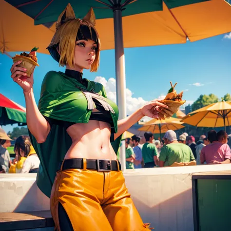 Woman in cape and hot pants eating tacos at a Mexican food stall　