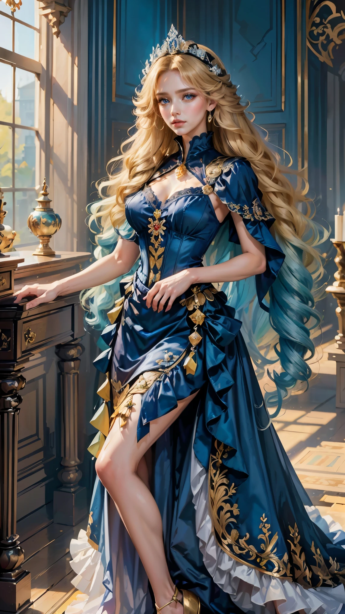 Best quality, masterpiece, ultra high res, raw photo, beautiful and aesthetic,deep shadow, dark theme,(ultra detailed:1.3),
1girl, sexy pose, Headdress, hair ornament, full of curtain, drill hair, long hair, blonde hair, gradient hair, yellow eyes, solo, huge breasts, G-cup, big hair, blue hair, tiara, divine goddess, looking at viewer, royal palace, indoors, bedroom, astraea, full body, victorian dress