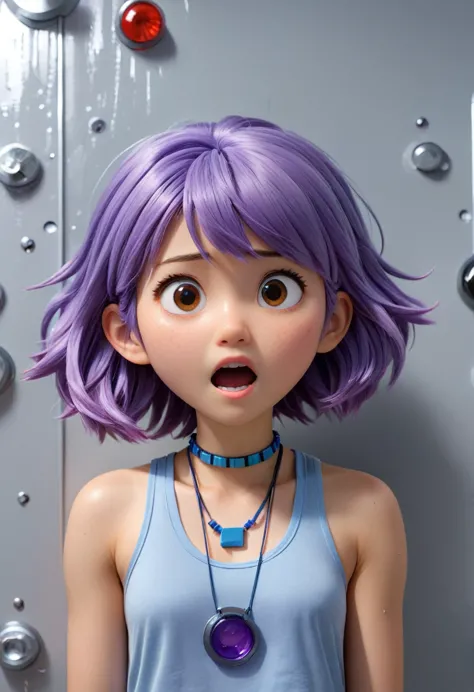 14-year-old Japanese girl, violet hair, blue necklace, gray tank top, terrified, glued to the wall with glue in a malfunctioning...
