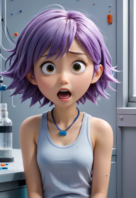 14-year-old Japanese girl, violet hair, blue necklace, gray tank top, terrified, glued to the wall with glue in a malfunctioning...