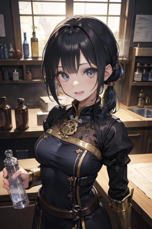 (fantasy:1.5),(anime,8k,masterpiece, top quality, best quality,beautiful and aesthetic:1.2,professional illustrasion:1.1,ultra detail:1.3,perfect lighting),extremely detailed,highest detailed,incredibly absurdres , highres, ultra detailed,intricate:1.6,(Alchemy Workshop:1.4),A girl mixing,Medicine in many small bottles,holding small potion,colorful:1.4,zentangle,(1girl),(girl),(Three kingdoms female warload),(highly detailed beautiful face and eyes,firm breasts),oily skin,((black,hair,short bob with short pony tail hair)),thin pubic hair,cute,lovely,34 years old,alchemist costume,Merchant's Clothing,smile,in the kitchen,smile,seductive weak smiling,(with sparkling eyes and a contagious smile),open mouth, Looking at Viewer,