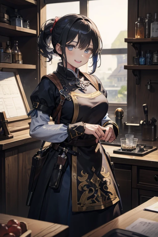 (fantasy:1.5),(anime,8k,masterpiece, top quality, best quality,beautiful and aesthetic:1.2,professional illustrasion:1.1,ultra detail:1.3,perfect lighting),extremely detailed,highest detailed,incredibly absurdres , highres, ultra detailed,intricate:1.6,(Alchemy Workshop:1.4),A girl mixing,Medicine in many small bottles,holding small potion,colorful:1.4,zentangle,(1girl),(girl),(Three kingdoms female warload),(highly detailed beautiful face and eyes,firm breasts),oily skin,((black,hair,short bob with short pony tail hair)),thin pubic hair,cute,lovely,34 years old,alchemist costume,Merchant's Clothing,smile,in the kitchen,smile,seductive weak smiling,(with sparkling eyes and a contagious smile),open mouth, Looking at Viewer,