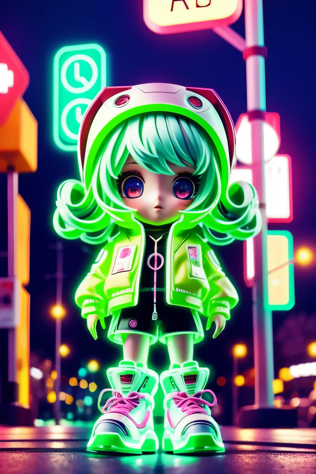 Photoréaliste、Une photo d&#39;une collaboration entre une poupée fille chibi et un robot mascotte、Se promener dans le parc la nuit、Vêtements lumineux au néon