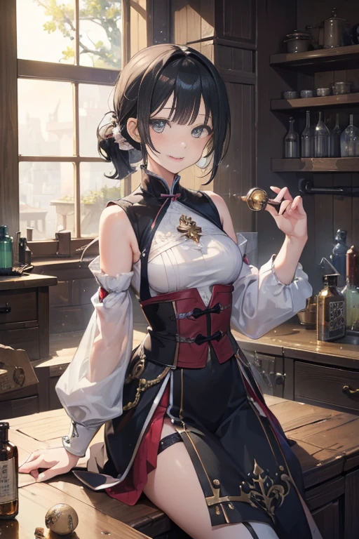 (ファンタジー:1.5),(アニメ,8K,傑作, 最高品質, 最高品質,美しく、審美的:1.2,プロのイラスト:1.1,超詳細:1.3,完璧な照明),非常に詳細な,最も詳細な,信じられないほど不条理な , 高解像度, 超詳細ed,複雑な:1.6,(錬金術ワークショップ:1.4),A 女の子 mixing,多くの小さな瓶に入った薬,小さなポーションを持っている,カラフル:1.4,もつれた,(1女の子),(女の子),(三国志の女性戦士),(非常に精巧な美しい顔と目,張りのある胸),油性肌,((黒,髪,short bob with short pony tail 髪)),thin pubic 髪,かわいい,可愛い,3,錬金術師の衣装,商人の服,笑顔,台所に,笑顔,誘惑的な弱々しい笑顔,(with sparkling eyes and a contagious 笑顔),口を開ける, 視聴者を見る,