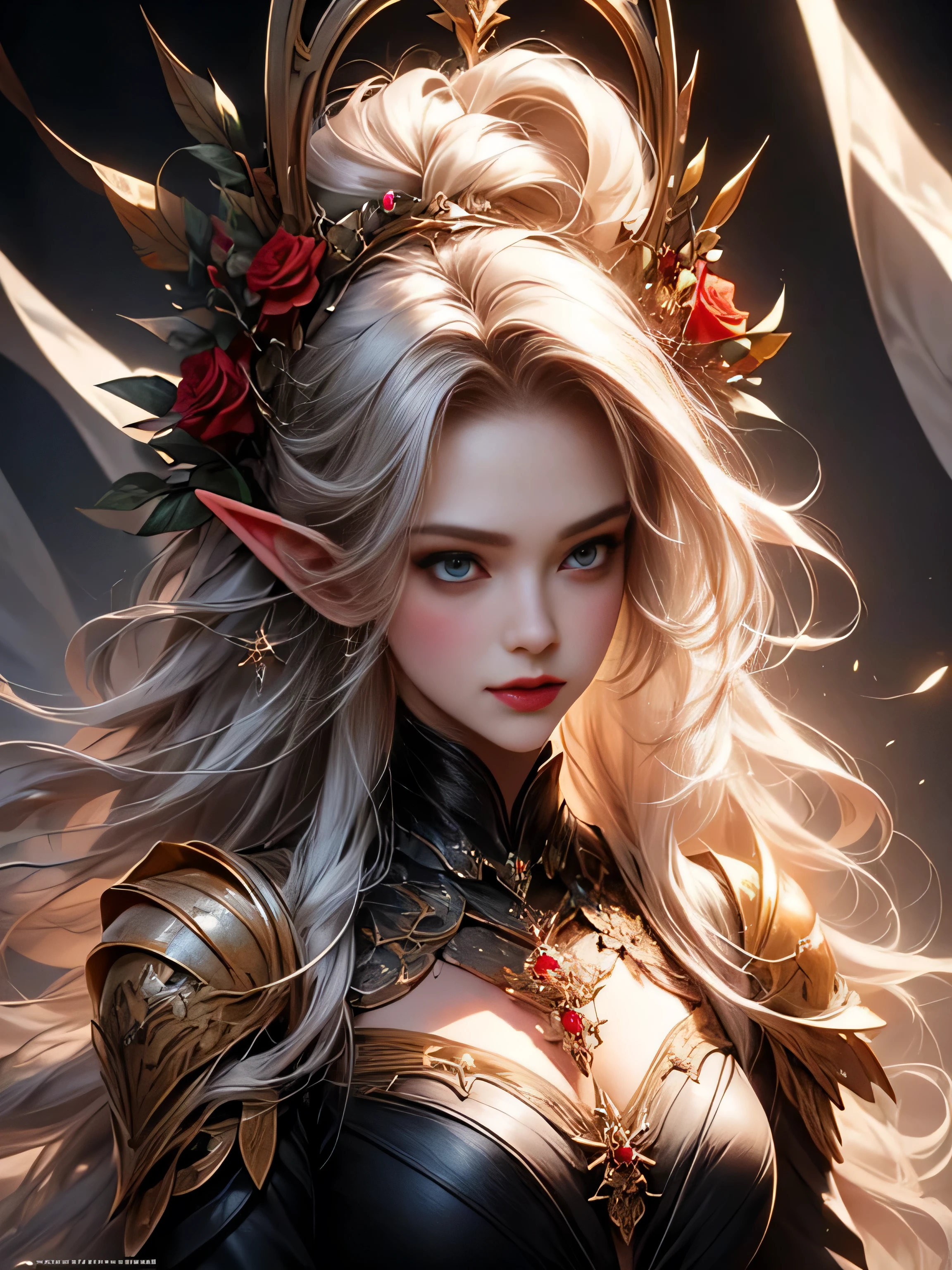 blond girl with blue eyes and red roses in her hair, concept art by Yang J, Artstation contest winner, fantasy art, extremely detailed artgerm, artgerm. high detail, artgerm detailed, artgerm. anime illustration, style artgerm, elf girl, ig model | artgerm, style of artgerm, artgerm style, 8k character details, high quality anime art, high quality illustration, detailed anime wallpapers, detailed anime art, hyper realistic, elegant, high quality realistic anime art, ((Finely drawn eyes)) [Perfectly detailed eyes((Beautiful eyes like jewels) drawn in great detail)[clearly drawn pupils]],[eye light[Precise eye lighting]],[long and beautiful eyelashes],[precisely drawn hair [Beautiful and shiny hair, detailed]], (Perfect hand-detailed [Beautiful fingers without damage [beautiful nails]]), (perfect anatomy (perfectly balanced proportions)) [[Full-length portrait]], [perfect color coordination (Accurate simulation of the interaction of light and materials)],([Precise detail](detailed, high)),[Visual art that tells a story],((highest quality)high [[High density drawing]])(4K quality)