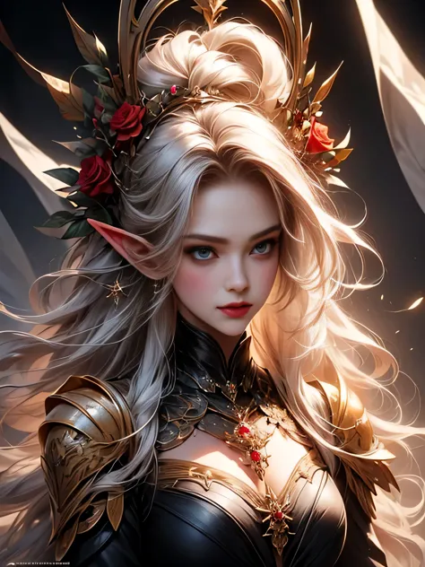blond girl with blue eyes and red roses in her hair, concept art by Yang J, Artstation contest winner, fantasy art, extremely de...