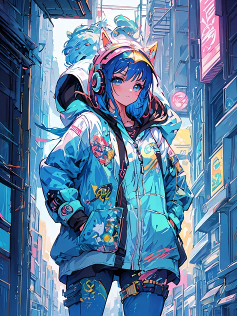 garota anime com roupa futurista com orelhas de gato e fones de ouvido, linda garota ciborgue, Arte digital de anime cyberpunk, ...