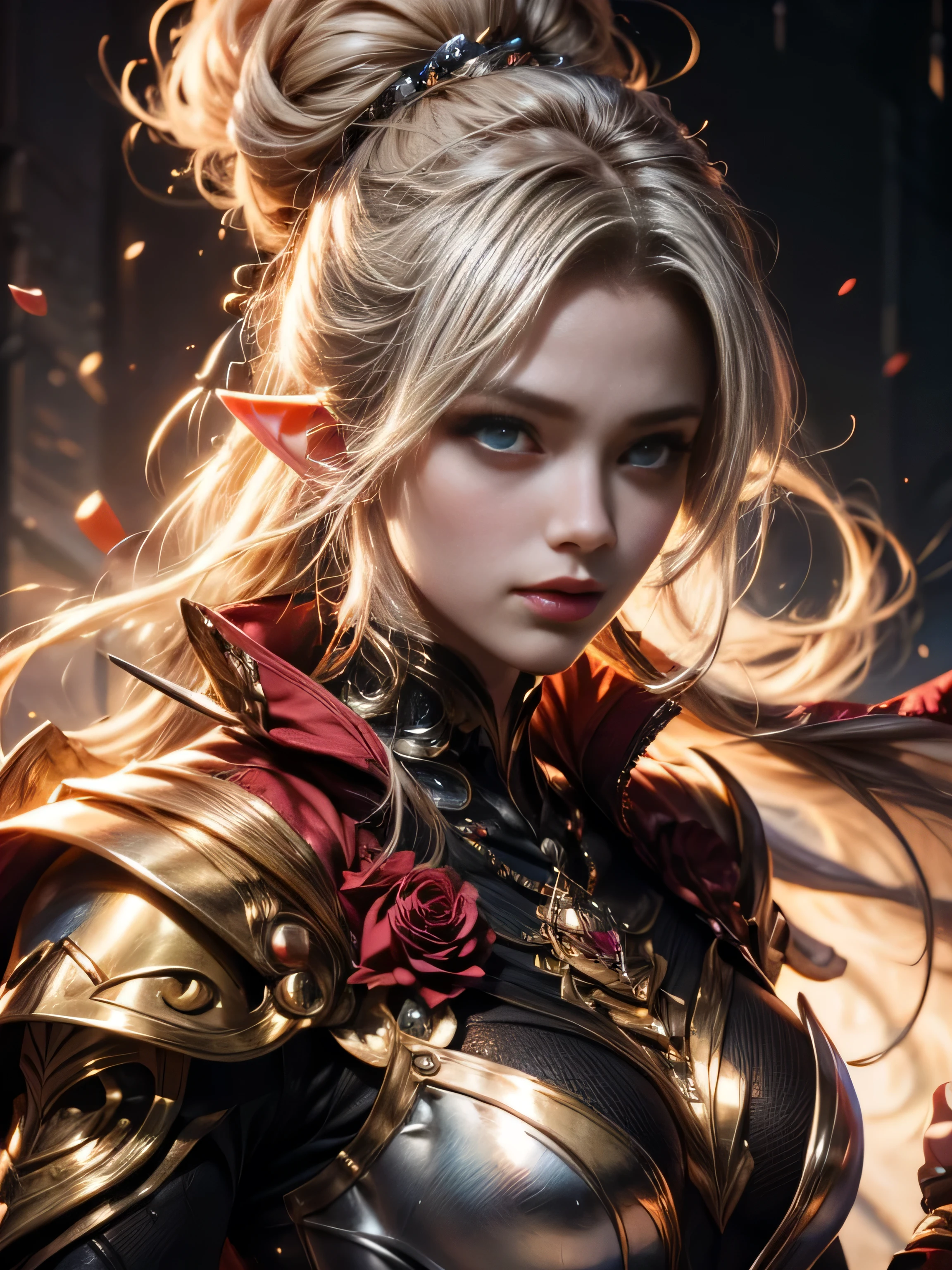 blond girl with blue eyes and red roses in her hair, concept art by Yang J, Artstation contest winner, fantasy art, extremely detailed artgerm, artgerm. high detail, artgerm detailed, artgerm. anime illustration, style artgerm, elf girl, ig model | artgerm, style of artgerm, artgerm style, 8k character details, high quality anime art, high quality illustration, detailed anime wallpapers, detailed anime art, hyper realistic, elegant, high quality realistic anime art, ((Finely drawn eyes)) [Perfectly detailed eyes((Beautiful eyes like jewels) drawn in great detail)[clearly drawn pupils]],[eye light[Precise eye lighting]],[long and beautiful eyelashes],[precisely drawn hair [Beautiful and shiny hair, detailed]], (Perfect hand-detailed [Beautiful fingers without damage [beautiful nails]]), (perfect anatomy (perfectly balanced proportions)) [[Full-length portrait]], [perfect color coordination (Accurate simulation of the interaction of light and materials)],([Precise detail](detailed, high)),[Visual art that tells a story],((highest quality)high [[High density drawing]])(4K quality)