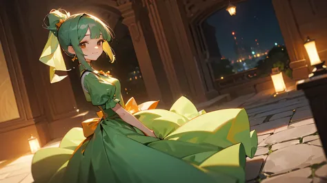 masterpiece、evening、in a modest courtyard、1 girl、（ash green hair、medium length ponytail、straight bangs、tiny bangs、a little hair ...