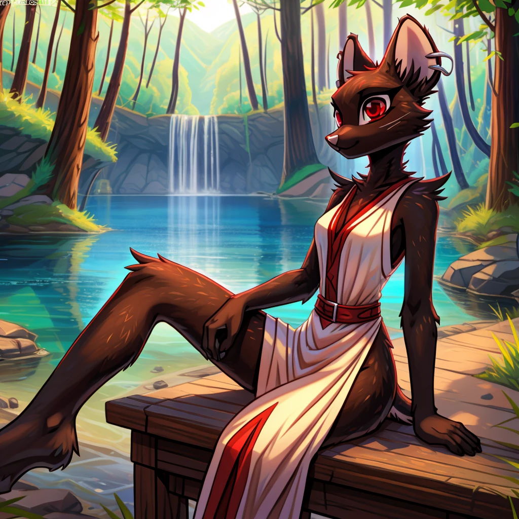 By zinfyuu on pixiv,by twistedscarlet60, uploaded on pixiv, by fluff-kevlar, (masterpiece), (best quality), (anthro furry:1.3, snout:1.2, anthro:1.3, furry:1.2, solo female:1.2), (extremely detailed:1.3), (red_detailed_eye), wearing white dress, sfw, forest, sitting, lake, nature beauty, view on viewer, camillerat