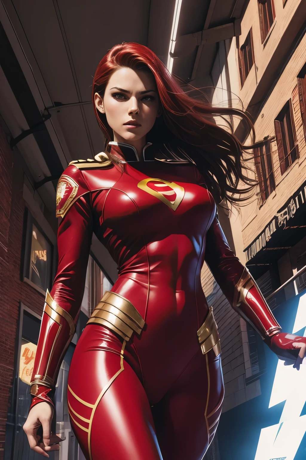 Comic book,"comic {SUPER SENSUAL MODEL WEARING A RED HEROINE UNIFORM IN ACTION POSE} . graphic illustration, comic art, graphic novel art, vibrant, highly detailed",
