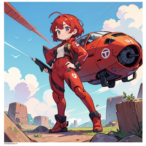 an absurd solution, high resolution, (masterpiece: 1.4), super detailed, one young woman, short red hair, pilot suit, rich princ...