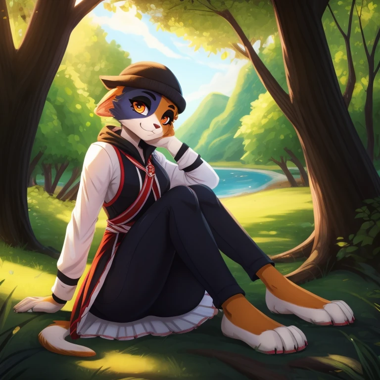 By zinfyuu on pixiv,by twistedscarlet60, uploaded on pixiv, by fluff-kevlar, (masterpiece), (best quality), (anthro furry:1.3, snout:1.2, anthro:1.3, furry:1.2, solo female:1.2), (extremely detailed:1.3), (orange_detailed_eye), wearing white dress, sfw, forest, sitting, lake, nature beauty, view on viewer, meowskulls, multicolored fur