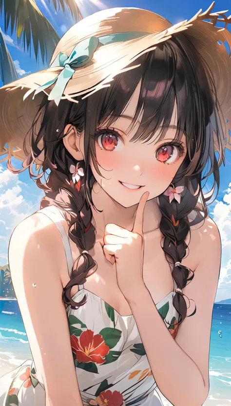 (masterpiece, highest_quality), very be familiar with cg unity 8k wallpaper, wonderful_Are you okay_figure, BREAK 1girl, long black hair wearing a straw hat, small breasts, (shy smile), red eyes, anime style 4k, beautiful anime portrait, anime moe art styl...