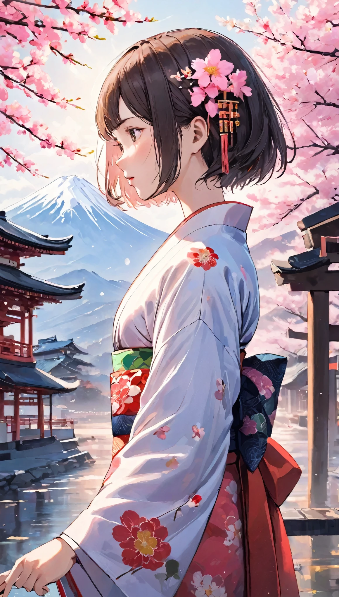 masterpiece, high quality, Very detailed, woman, short hair, hairpin, kimono, Spring flower, the wind is strong, Open the shrine, Pink petals, Fuji Mountain, Depth of written boundary, Blurred Background