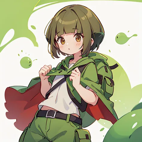 A girl in a cape and cargo pants traveling with slime　Brown short hair　rucksack