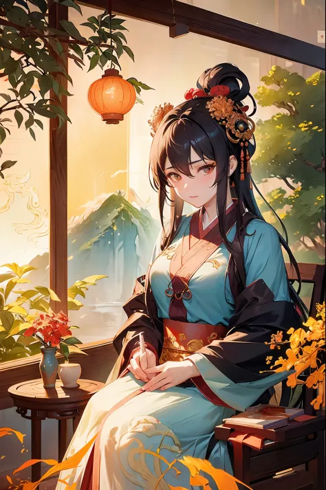 ancient china mythology, traditional style, greg rutkowski, bashful queen, isekai fantasy, wuxia genre, sitting at a table, (hig...