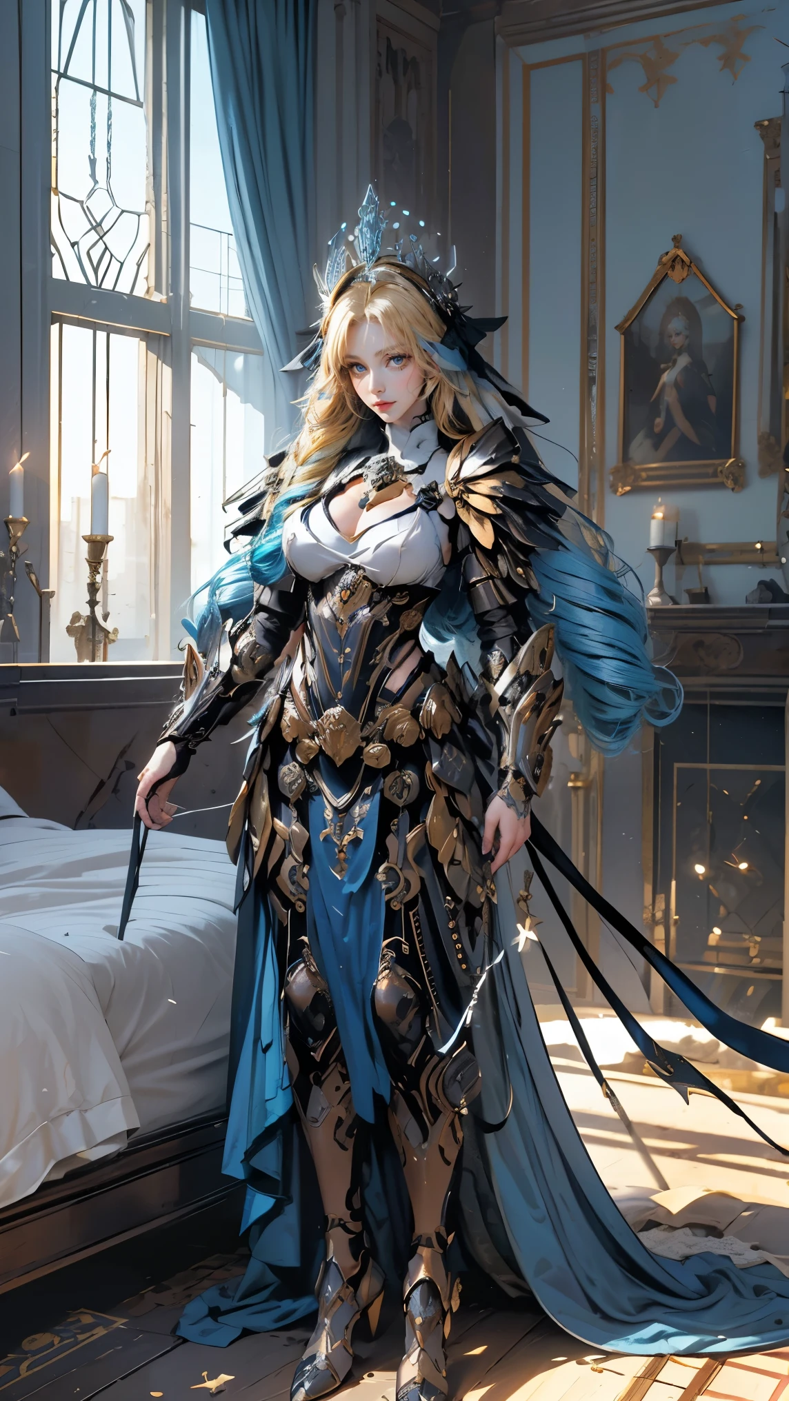 Best quality, masterpiece, ultra high res, raw photo, beautiful and aesthetic,deep shadow, dark theme,(ultra detailed:1.3),
1girl, sexy pose, Headdress, hair ornament, full of curtain, drill hair, long hair, blonde hair, gradient hair, yellow eyes, solo, huge breasts, G-cup, big hair, blue hair, tiara, divine goddess, looking at viewer, royal palace, indoors, bedroom, astraea, full body, mechanical arm, holy paladin, gothic theme, baroque theme, mechangel, mecha, wing, armor, mechanical wing, many rings of light above, lots of feathers,