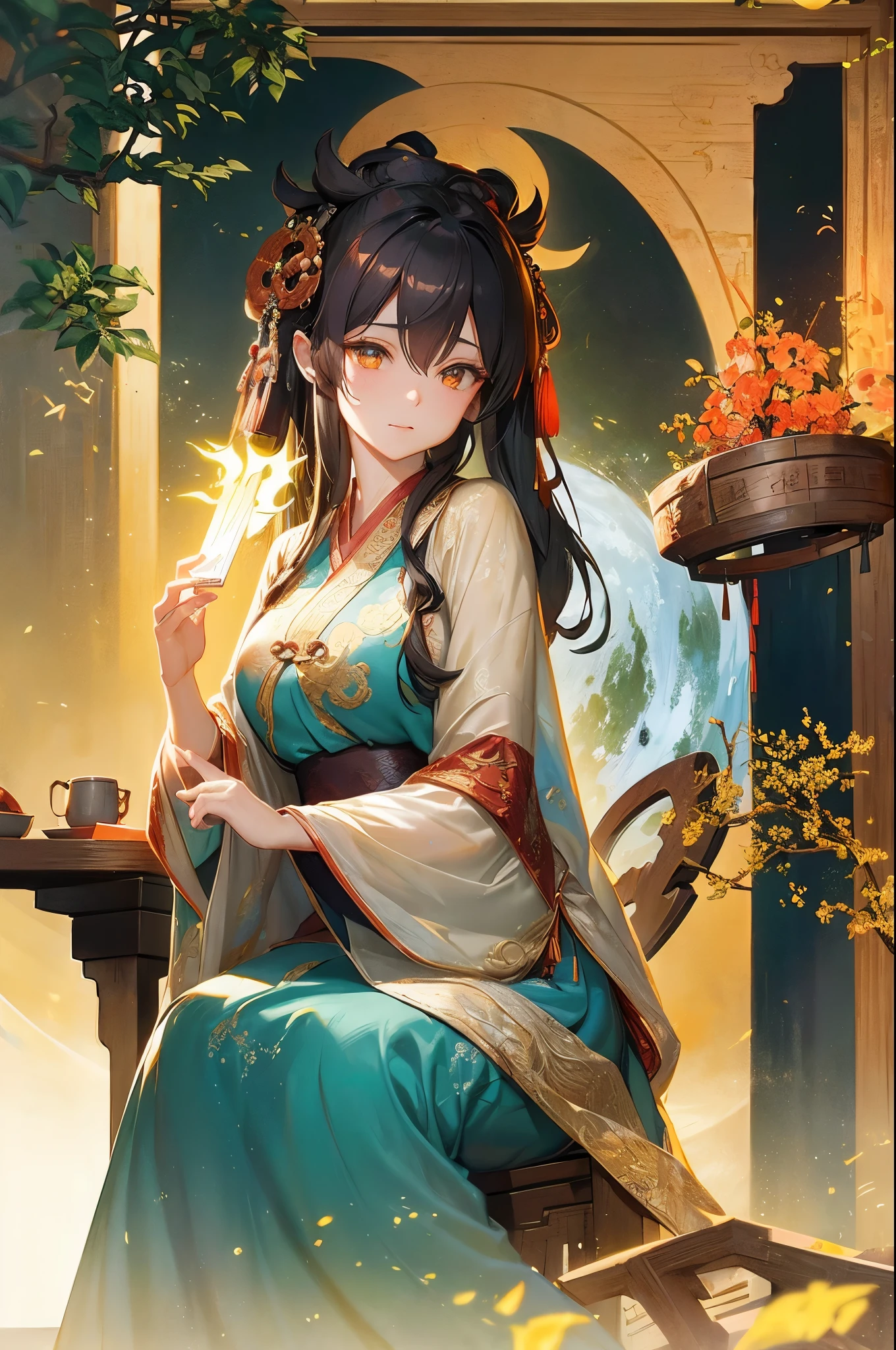 ancient china mythology, traditional style, greg rutkowski, bashful queen, isekai fantasy, wuxia genre, sitting at a table, (highly stylized artstyle), landscape