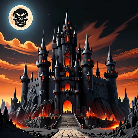 Bright cartoon, evil castle perched ominously on barren landscape of Moon, jagged spires and turrets crafted from obsidian stone...