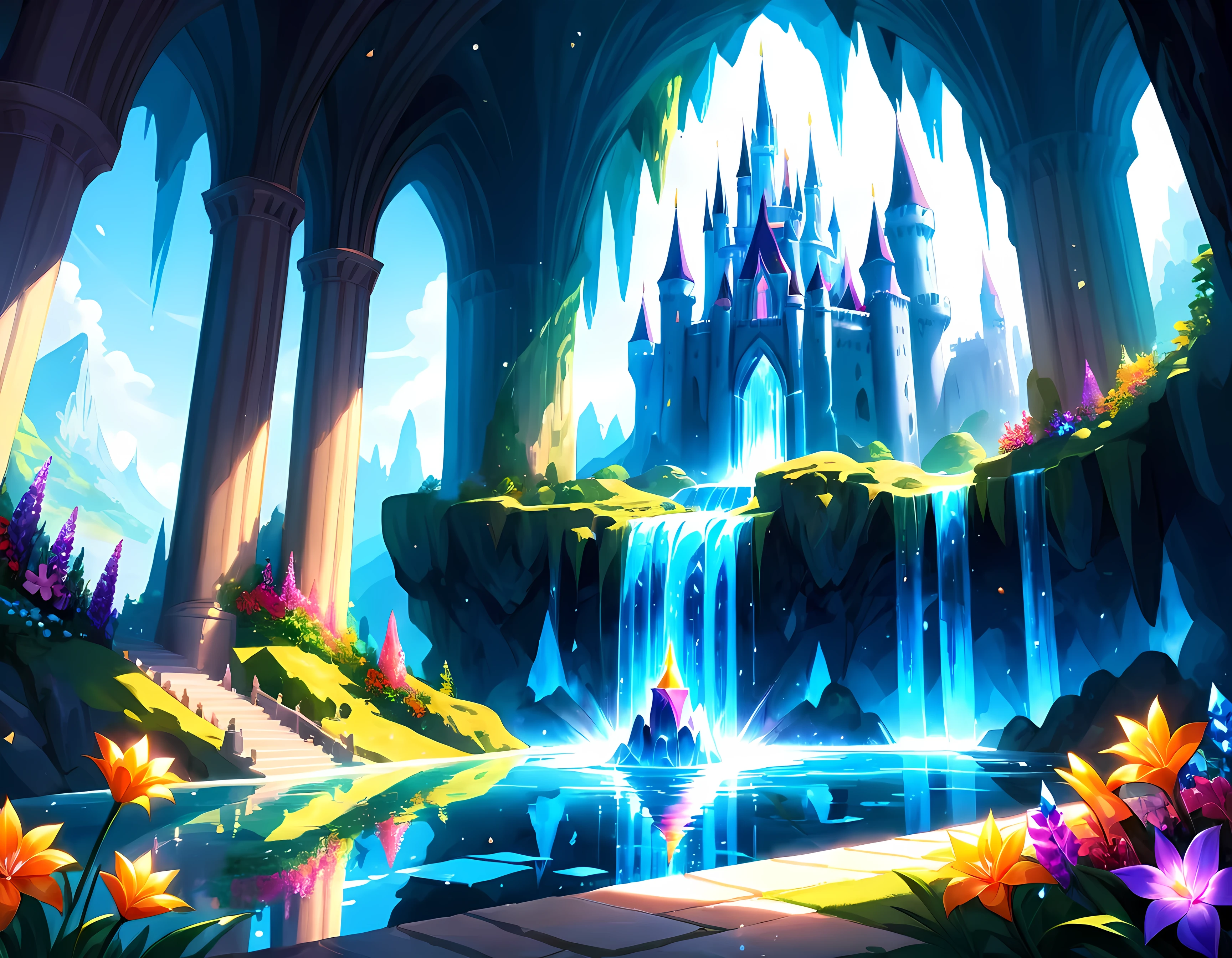 明亮卡通, 深渊旁边的神秘洞穴内有一座魔法水晶城堡, 完全由各种颜色的闪闪发光的水晶制成, 反射阳光，形成耀眼的光芒, 城堡周围是生机勃勃的花园，种满了奇花异草和波光粼粼的瀑布, 最高 16K 分辨率的杰作, 卓越品质
