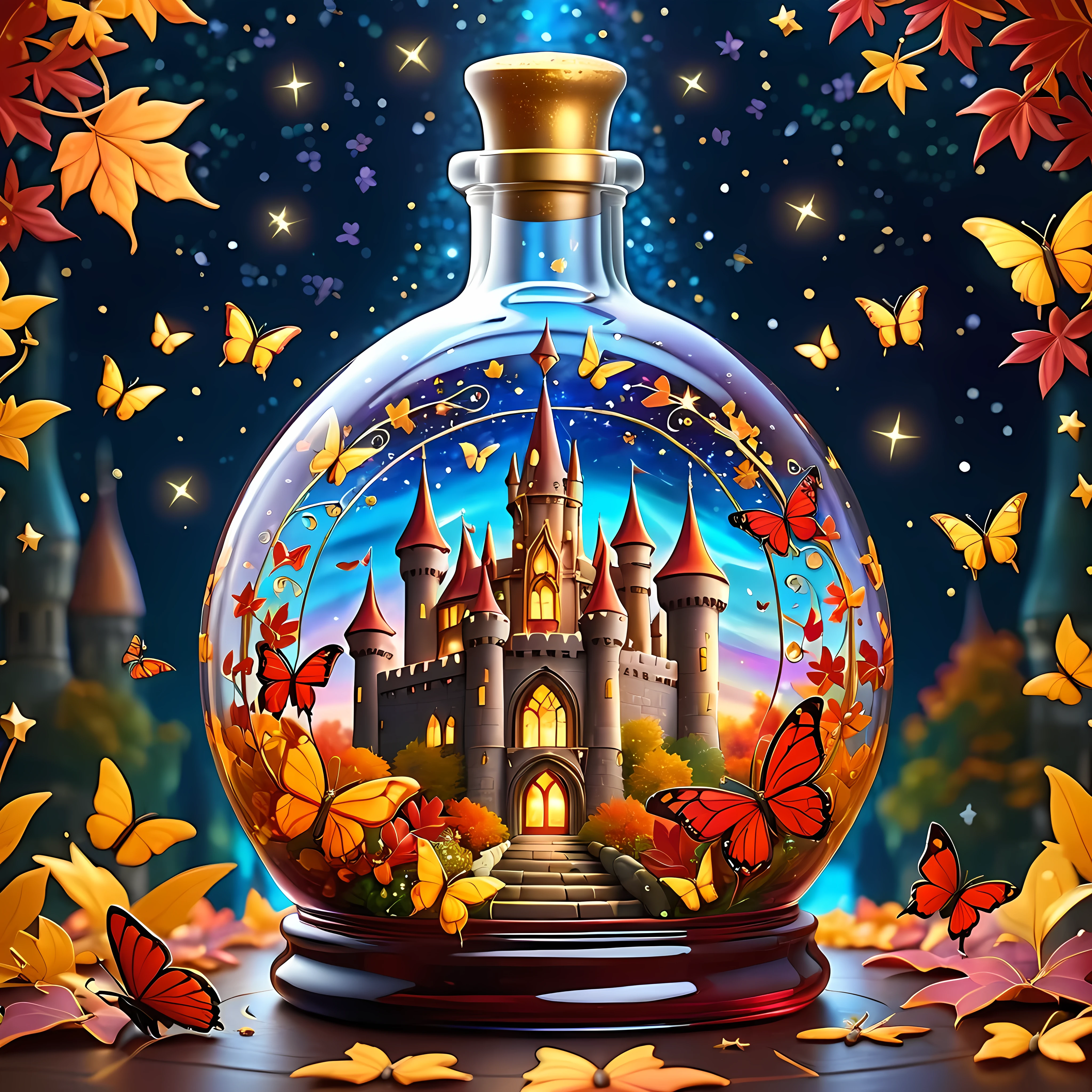 Яркий мультфильм, Волшебный осенний яркий замок деликатно поместите в широкую богато украшенную стеклянную бутылку., окружен огромным космосом мерцающих звезд и вращающихся галактик, золотые и малиновые листья внутри бутылки, и потрясающие бабочки, Шедевр в максимальном разрешении 16К, Превосходное качество