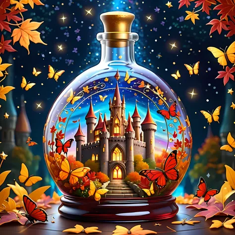 Bright cartoon, magic autumn vibrant castle delicately place inside a wide ornate glass bottle, surrounded by vast cosmos of twi...