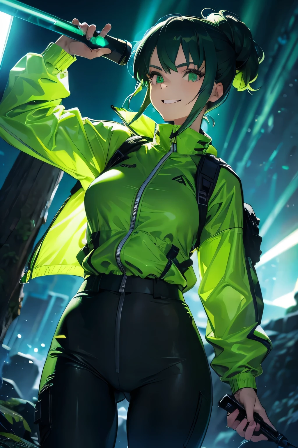 a woman holding a flashlight while hiking and wearing a green windbreaker with black tactical pants. she is happy and flashing the light to see ahead