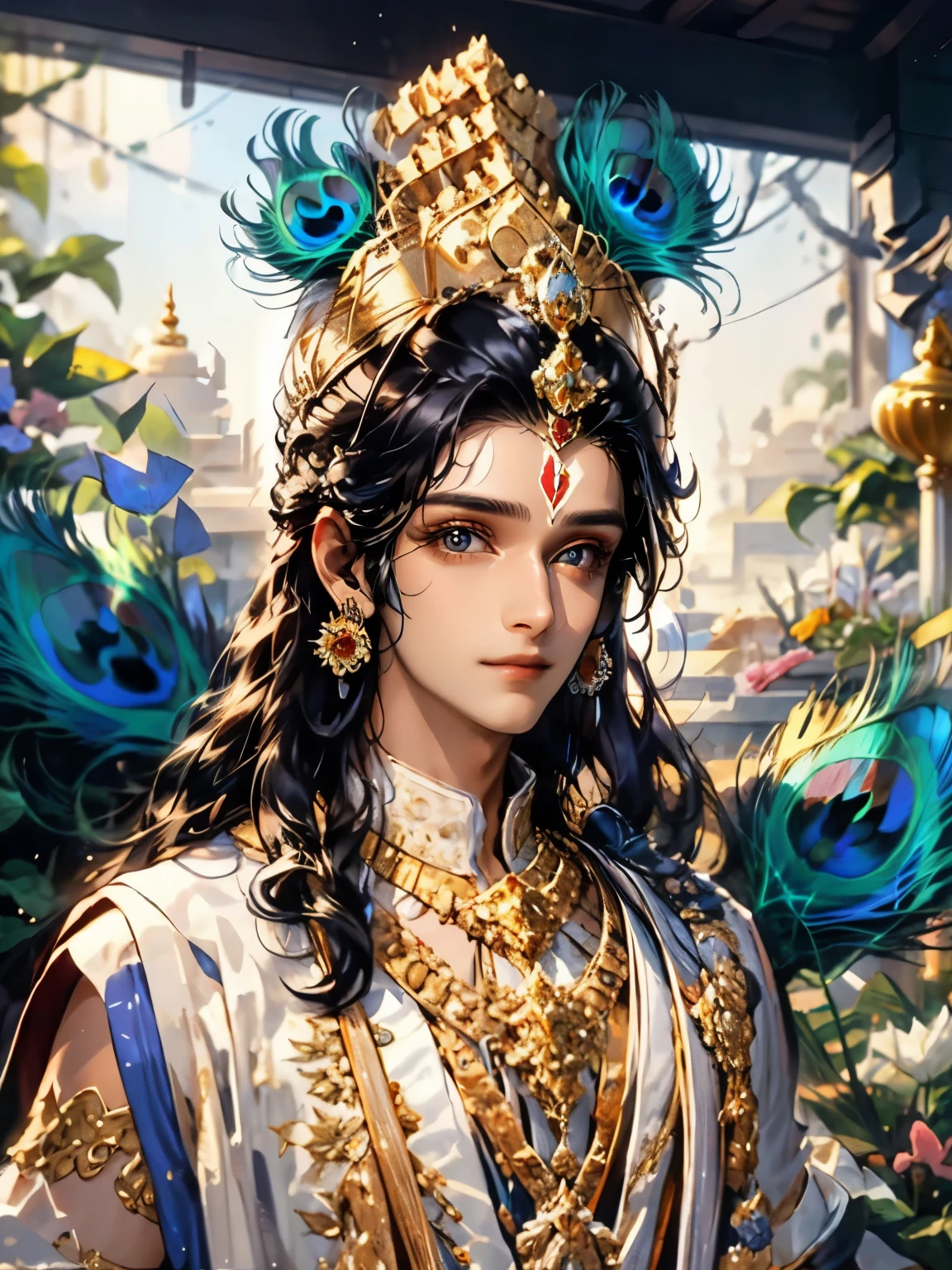 A close-up of Lord Krishna，charismatic face, Blue pupil，Delicate face，Redlip，pleasant smile, Earrings ultra clear, Long blue-black hair with peacock feather，wgolden crown,  flowers falling，Hazy