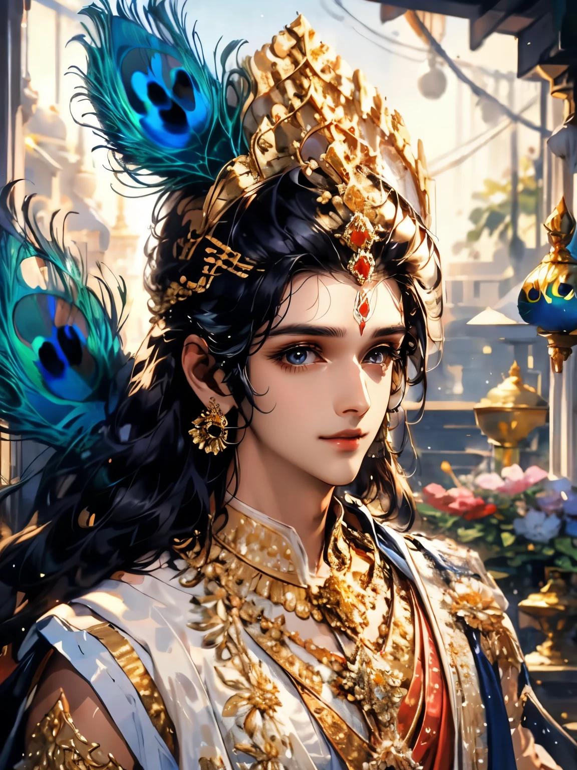 A close-up of Lord Krishna，Blue pupil，Delicate face，Redlip，pleasant smile, Earrings ultra clear moon background，Long blue-black hair with peacock feather，wgolden crown,  flowers falling，Hazy