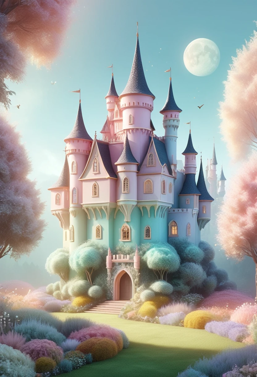 Dream Castle，Pastel tones，Light style，Comfortable and calm，nature，Warm and cosy，garden，Super detailed masterpiece, Dynamic, Good quality,Floating extra large ethereal dream DonMW15pXL  
