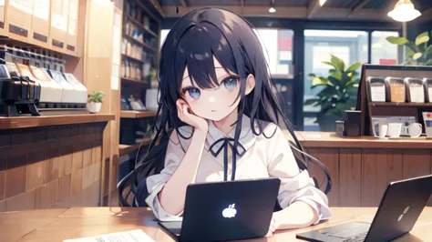 anime、retro coffee shop、laptop、round eyes、beautiful girl、working