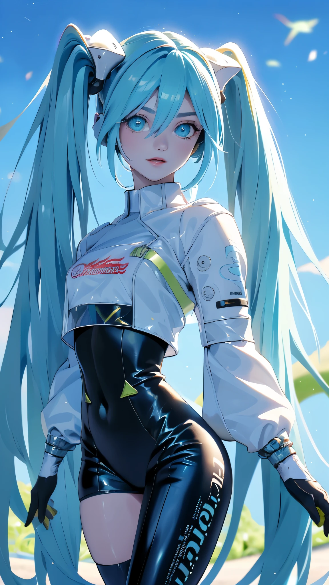 (La meilleure qualité,Une haute résolution,Ultra-détaillé,réel), Miku Hatsune, gros seins, pose dynamique , cheveux vert foncé, (queues jumelles) , cheveux très longs, Mettez vos bras derrière votre dos, Yeux bleus, yeux pétillants, visage détendu, poils des sourcils, cheveux brillants,,(Fond de ruines de donjon en ruine:1.4 ), peau brillante, un léger sourire, Miku de course, Corps nègre, veste courte, Veste blanche, manche longue, gants bicolores, cuissardes, brillant, beau ciel détaillé, ville, rue,(chef-d&#39;œuvre: 1.4), (8k, réaliste, photo brute, La meilleure qualité: 1.4),(Miku Hatsune:1.4), (Miku Hatsune V2.1), (Détails du visage: 1.5, yeux bleu vif, Beau visage, beaux yeux, Contour des iris, lèvres fines: 1.5, Mince, sourcils pâles et pointus, Long, cils foncés, doubles onglets),