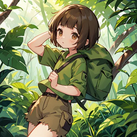 girls exploring the malaysian jungle　a girl in a cape and cargo pants　brown short hair　rucksack