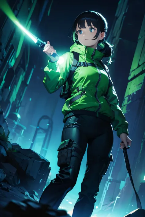 a woman holding a flashlight while hiking and wearing a green windbreaker with black tactical pants. she is happy and flashing t...