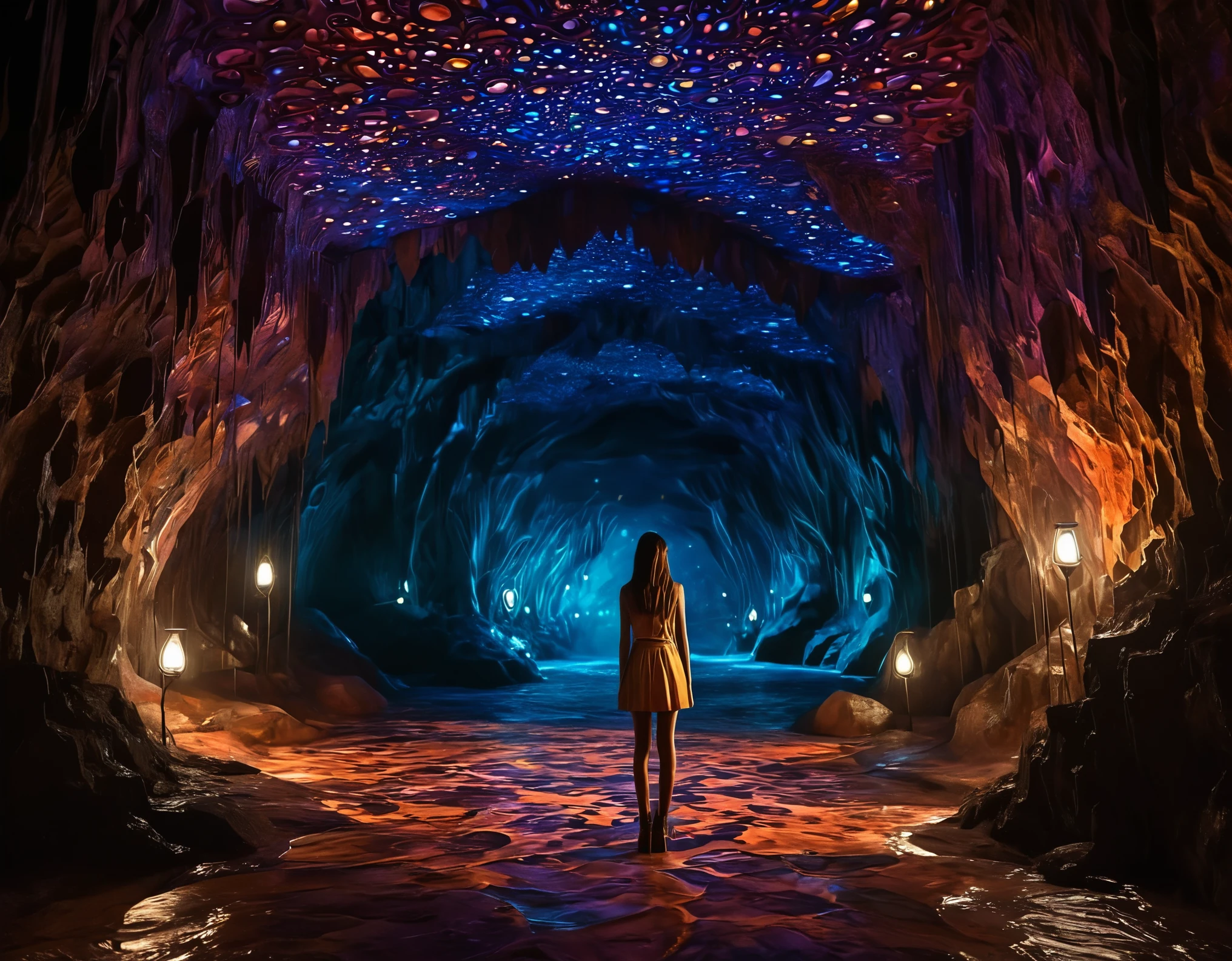 A girl with large eyeballs standing inside a beautifully designed cavern. The cavern is filled with intricate details and has a mesmerizing interior design. The walls are adorned with stunning illustrations and paintings, creating a surreal atmosphere. The lighting is strategically placed to highlight the cavern's unique features and add a sense of mystery. The artworks in the cavern are made using various materials, including oil paintings, 3D renderings, and photography. The overall image quality is of the highest level, with sharp focus and ultra-detailed elements. The colors used in the cavern are vivid and vibrant, creating a visually appealing composition. The girl's eyes are extremely detailed and captivating, serving as the focal point of the scene. She is surrounded by the beauty of the cavern, lost in its enchanting ambiance. The prompt combines elements of fantasy and realism, resulting in a captivating and visually stunning image.