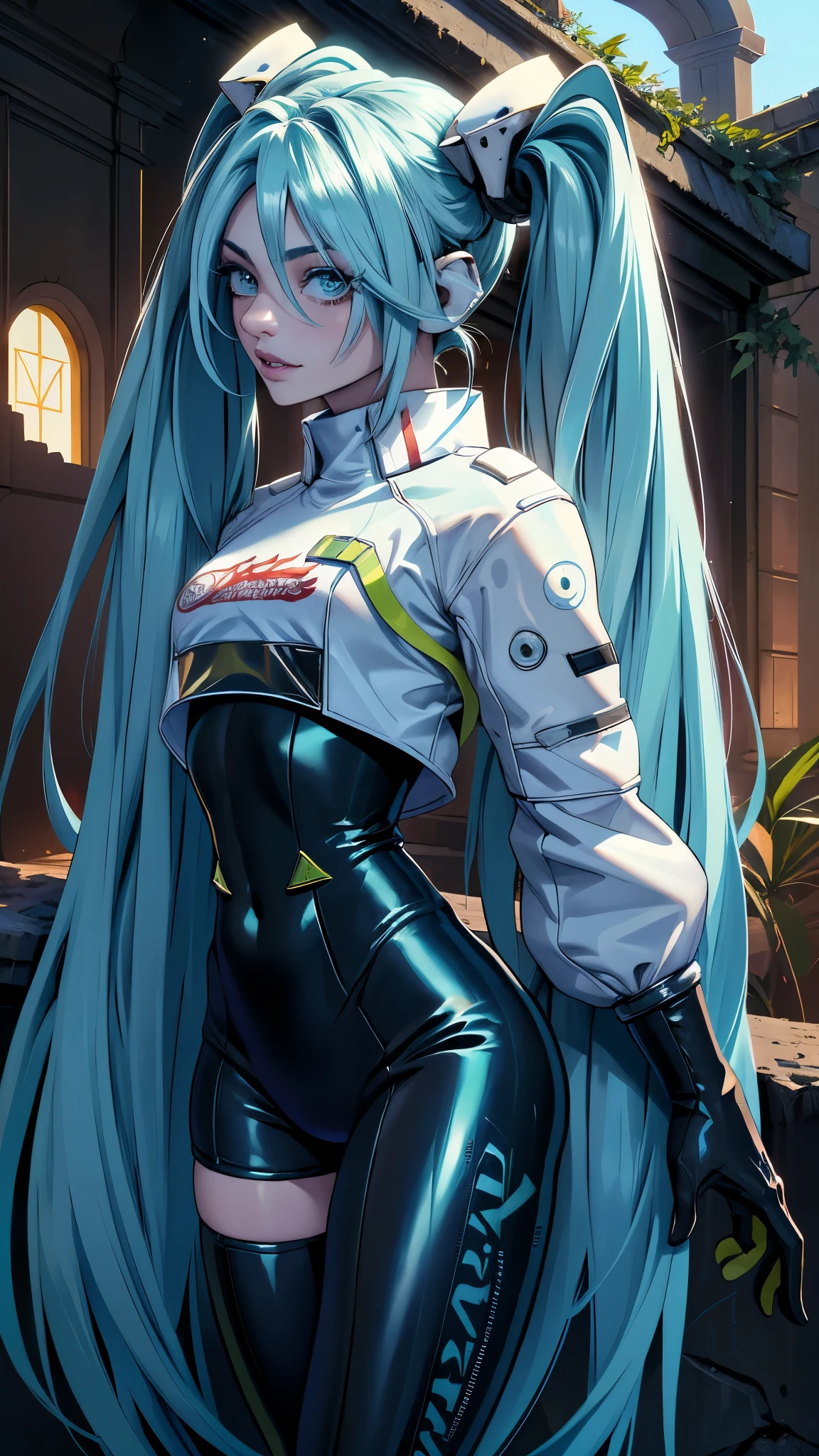 (La mejor calidad,A high resolution,Ultra - detallado,actual), Miku Hatsune, pechos grandes, dynamic pose , pelo verde oscuro, (colas gemelas) , cabello muy largo, Put your arms behind your back, blue eyes, ojos brillantes, cara relajada, pelo de las cejas, cabello brillante,,(Fondo de ruinas de mazmorra en ruinas:1.4 ), piel brillante, una ligera sonrisa, Racing Miku, Body negro, chaqueta corta, chaqueta blanca, manga larga, guantes de dos tonos, botas altas de muslo, Brillante, hermoso cielo detallado, Ciudad, Calle,(Obra maestra: 1.4), (8K, realista, foto cruda, La mejor calidad: 1.4),(Miku Hatsune:1.4), (Miku Hatsune V2.1), (Detalles de la cara: 1.5, ojos azules brillantes, hermoso rostro, ojos bonitos, Contorno del iris, labios delgados: 1.5, Thin, sharp pale eyebrows, Long, dark eyelashes, double tabs),manos perfectas: 1.5