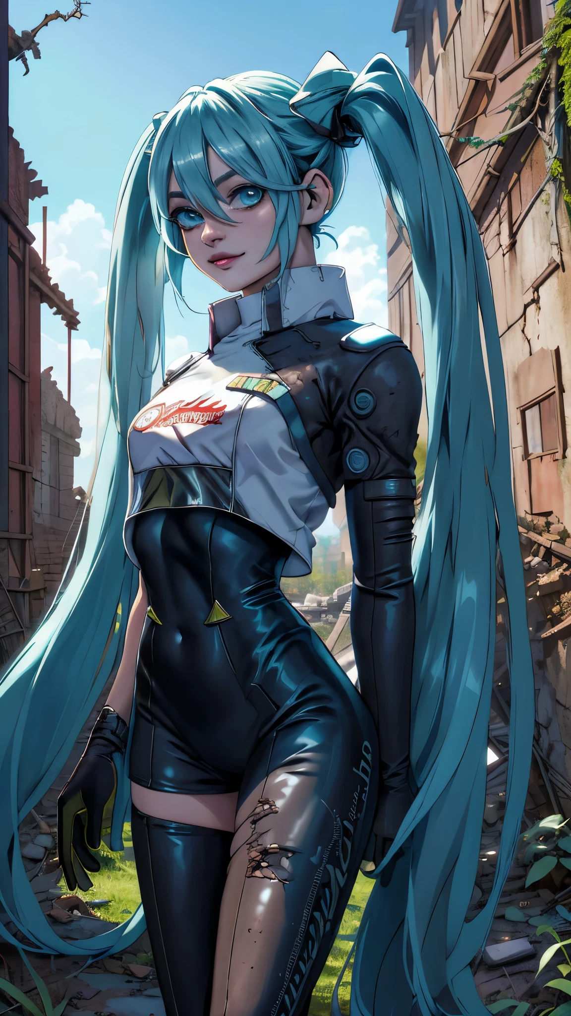 (La meilleure qualité,Une haute résolution,Ultra-détaillé,réel), Miku Hatsune, gros seins, pose dynamique , cheveux vert foncé, (queues jumelles) , cheveux très longs, Mettez vos bras derrière votre dos, Yeux bleus, yeux pétillants, visage détendu, poils des sourcils, cheveux brillants,,(Fond de ruines de donjon en ruine:1.4 ), peau brillante, un léger sourire, Miku de course, Corps nègre, veste courte, Veste blanche, manche longue, gants bicolores, cuissardes, brillant, beau ciel détaillé, ville, rue,(chef-d&#39;œuvre: 1.4), (8k, réaliste, photo brute, La meilleure qualité: 1.4),(Miku Hatsune:1.4), (Miku Hatsune V2.1), (Détails du visage: 1.5, yeux bleu vif, Beau visage, beaux yeux, Contour des iris, lèvres fines: 1.5, Mince, sourcils pâles et pointus, Long, cils foncés, doubles onglets),des mains parfaites: 1.5, ,(Fond de ruines de donjon dans une ruelle en ruine :1.4 )