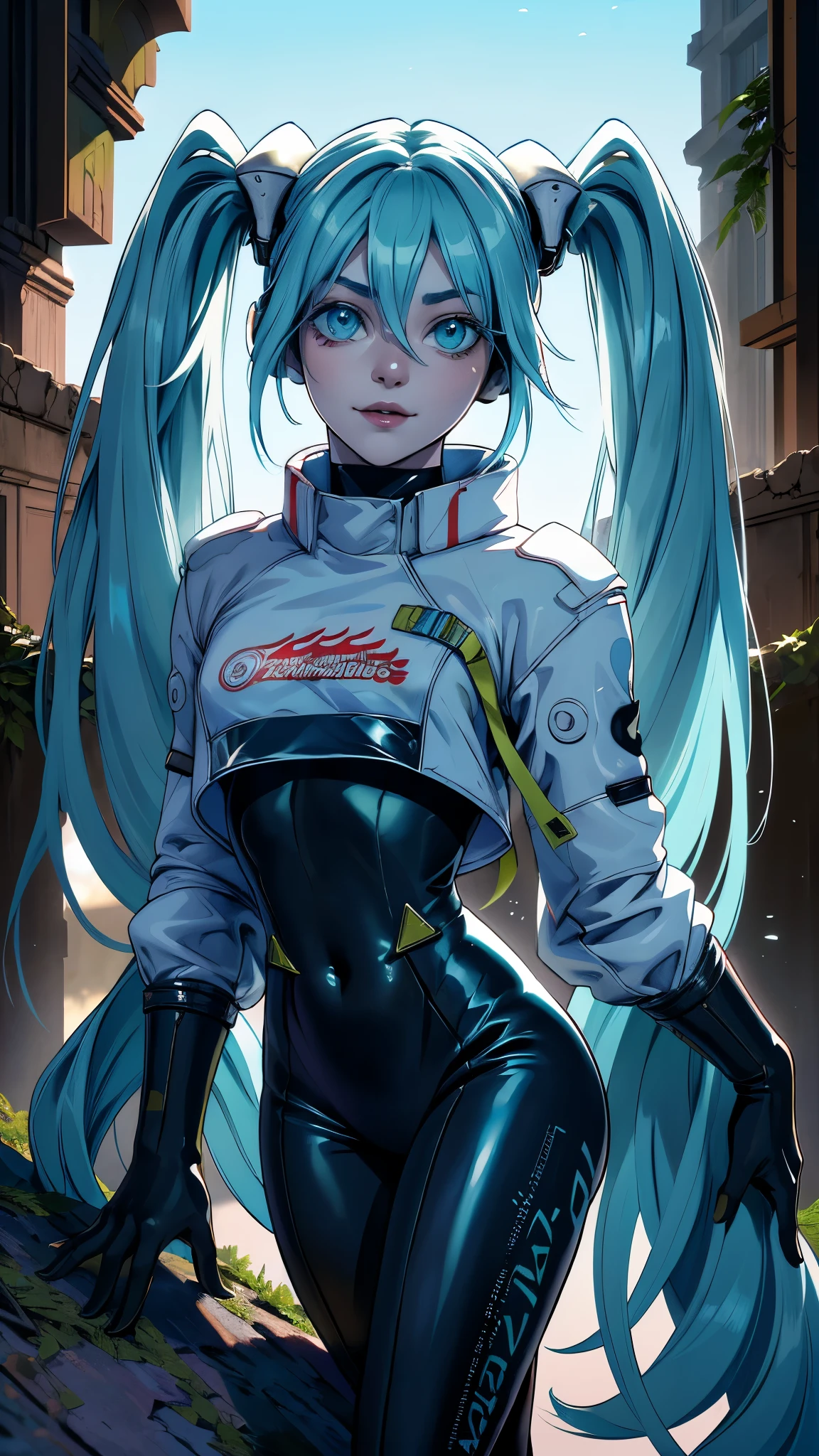 (A melhor qualidade,Uma alta resolução,Ultra - detalhado,real), Miku Hatsune, seios grandes, pose dinâmica , cabelo verde escuro, (caudas gêmeas) , cabelo muito comprido, Coloque os braços atrás das costas, Olhos azuis, olhos brilhantes, rosto relaxado, cabelo de sobrancelha, cabelo brilhante,,(Fundo de ruínas de masmorras arruinadas:1.4 ), pele brilhante, um leve sorriso, Miku de corrida, Corpo negro, jaqueta curta, Jaqueta branca, manga comprida, luvas de dois tons, botas de cano alto, brilhante, lindo céu detalhado, cidade, Rua,(Obra-prima: 1.4), (8k, realista, foto crua, A melhor qualidade: 1.4),(Miku Hatsune:1.4), (Miku Hatsune V2.1), (Detalhes do rosto: 1.5, (lindos olhos azuis :1.4) , Bonito rosto, olhos bonitos, Contorno del iris, lábios finos: 1.5, afinar, sobrancelhas claras e afiadas, Longo, cílios escuros, abas duplas),mãos perfeitas: 1.5