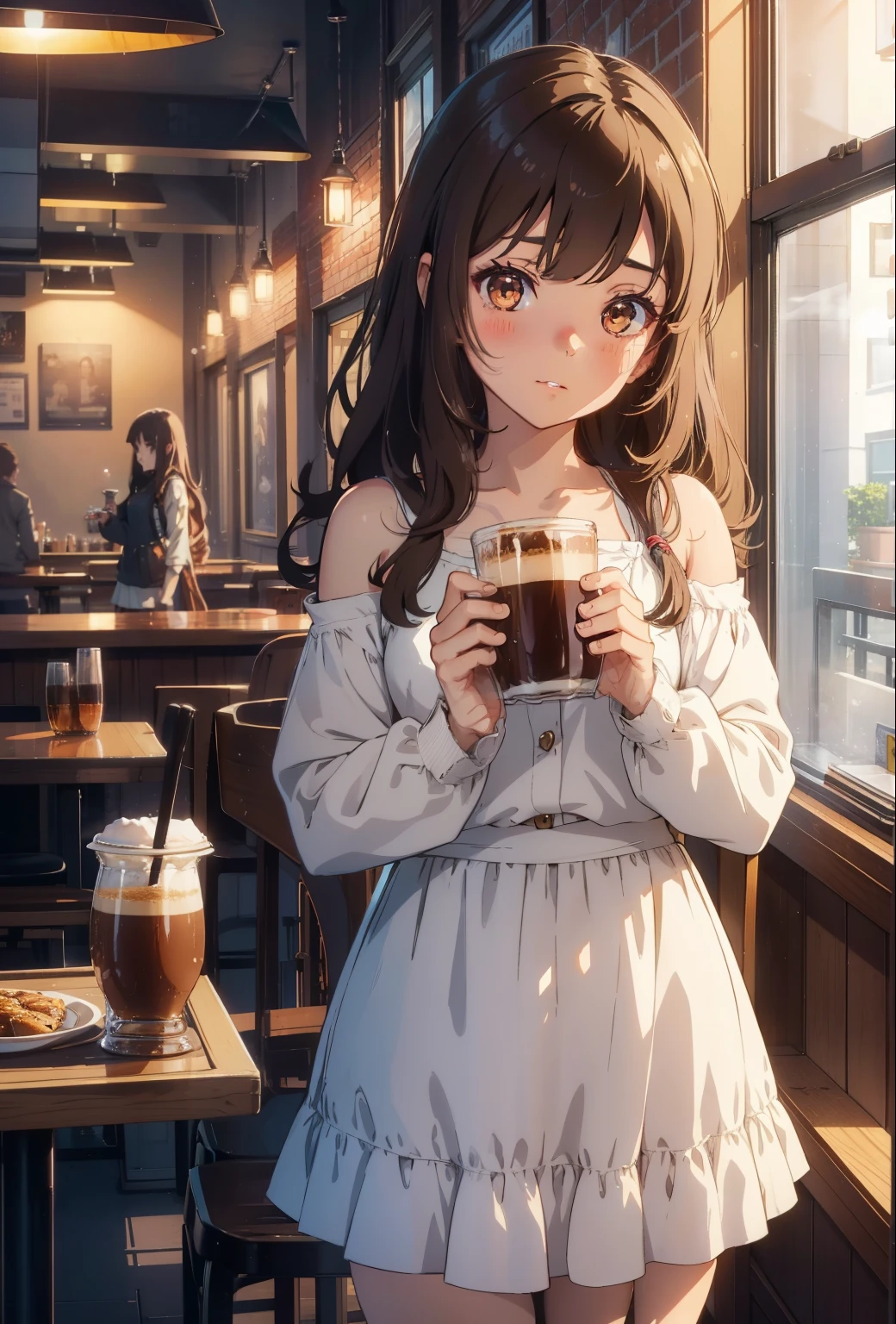 In the dimly lit coffee shop, there sat a young anime girl with long, wavy brown hair that cascaded down her shoulders. She held a steaming cup of coffee in both hands, her fingers wrapped around the rim, leaving faint traces of condensation. Her kawaii natural anime face was a perfect blend of cuteness and realism, with sparkling brown eyes that seemed to hold a hint of mystery. Her cute, realistic portrait came alive in the 3D anime style, with hyper-detailed backgrounds and perfect shadows that accentuated her attractive features. The subtle play of light and HDR created an alluring depth, making her seem almost photorealistic. The young anime girl with small