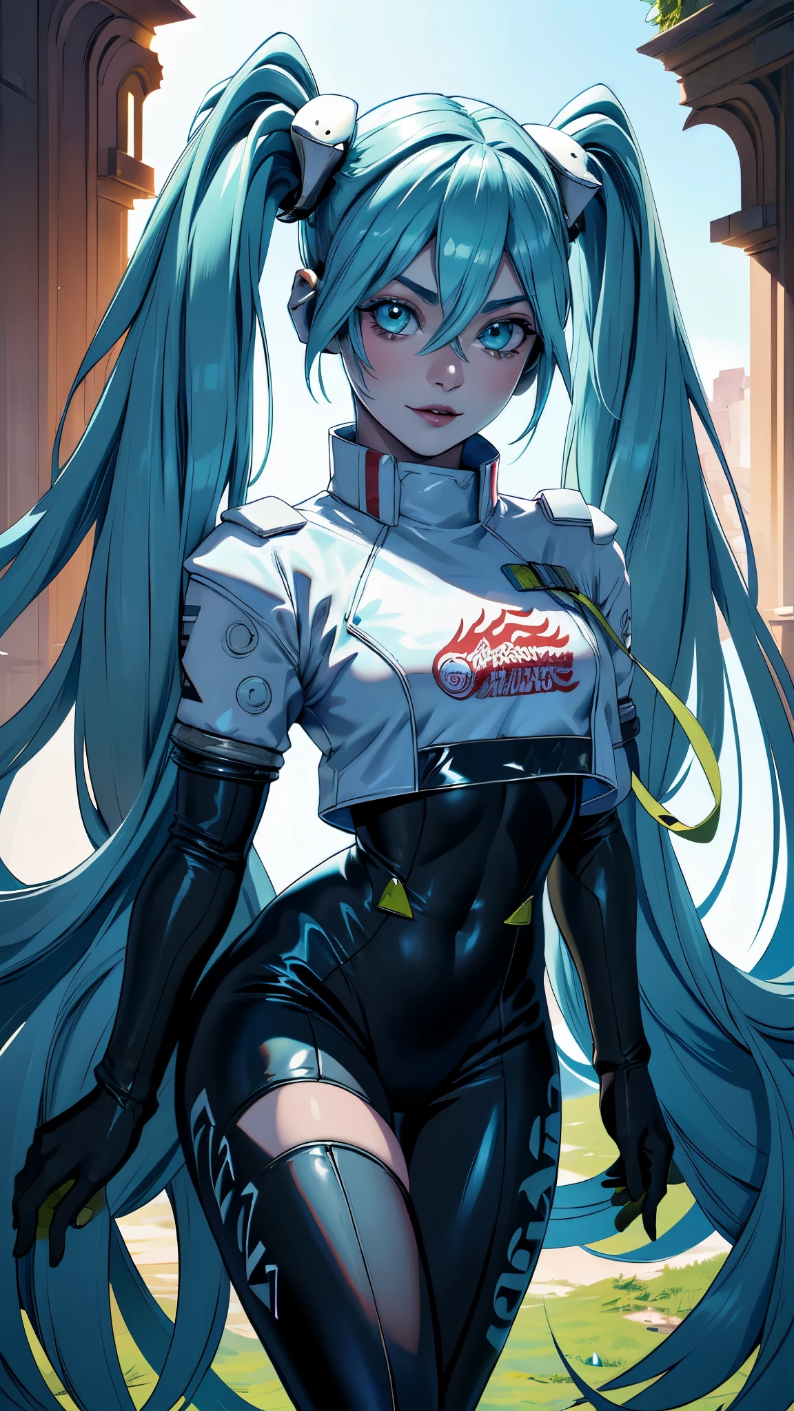 (La mejor calidad,A high resolution,Ultra - detallado,actual), Miku Hatsune, pechos grandes, dynamic pose , pelo verde oscuro, (colas gemelas) , cabello muy largo, Put your arms behind your back, blue eyes, ojos brillantes, cara relajada, pelo de las cejas, cabello brillante,,(Fondo de ruinas de mazmorra en ruinas:1.4 ), piel brillante, una ligera sonrisa, Racing Miku, Body negro, chaqueta corta, chaqueta blanca, manga larga, guantes de dos tonos, botas altas de muslo, Brillante, hermoso cielo detallado, Ciudad, Calle,(Obra maestra: 1.4), (8K, realista, foto cruda, La mejor calidad: 1.4),(Miku Hatsune:1.4), (Miku Hatsune V2.1), (Detalles de la cara: 1.5, (ojos azules hermosos :1.4) , hermoso rostro, ojos bonitos, Contorno del iris, labios delgados: 1.5, Thin, sharp pale eyebrows, Long, dark eyelashes, double tabs),manos perfectas: 1.5, (Cinematic V2.1) 