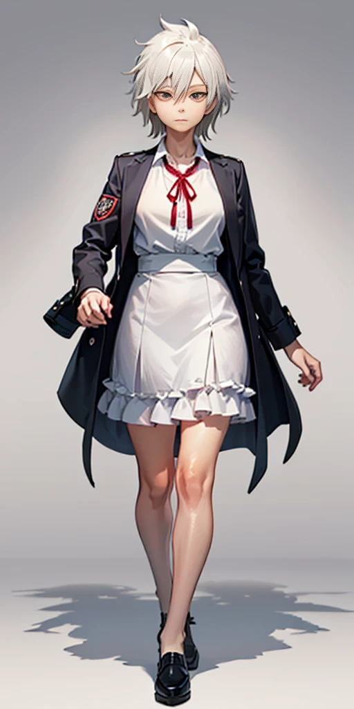 ((casual-style)), 1girl, solo, white hair, shirt, red ribbon, ribbon, looking at viewer, long hair, full body, white eyes, white shirt, grey eyes, hair between eyes, neck ribbon, collared shirt, cardigan, closed mouth, expressionless, jacket, simple background, frills, bangs, white background, long sleeves