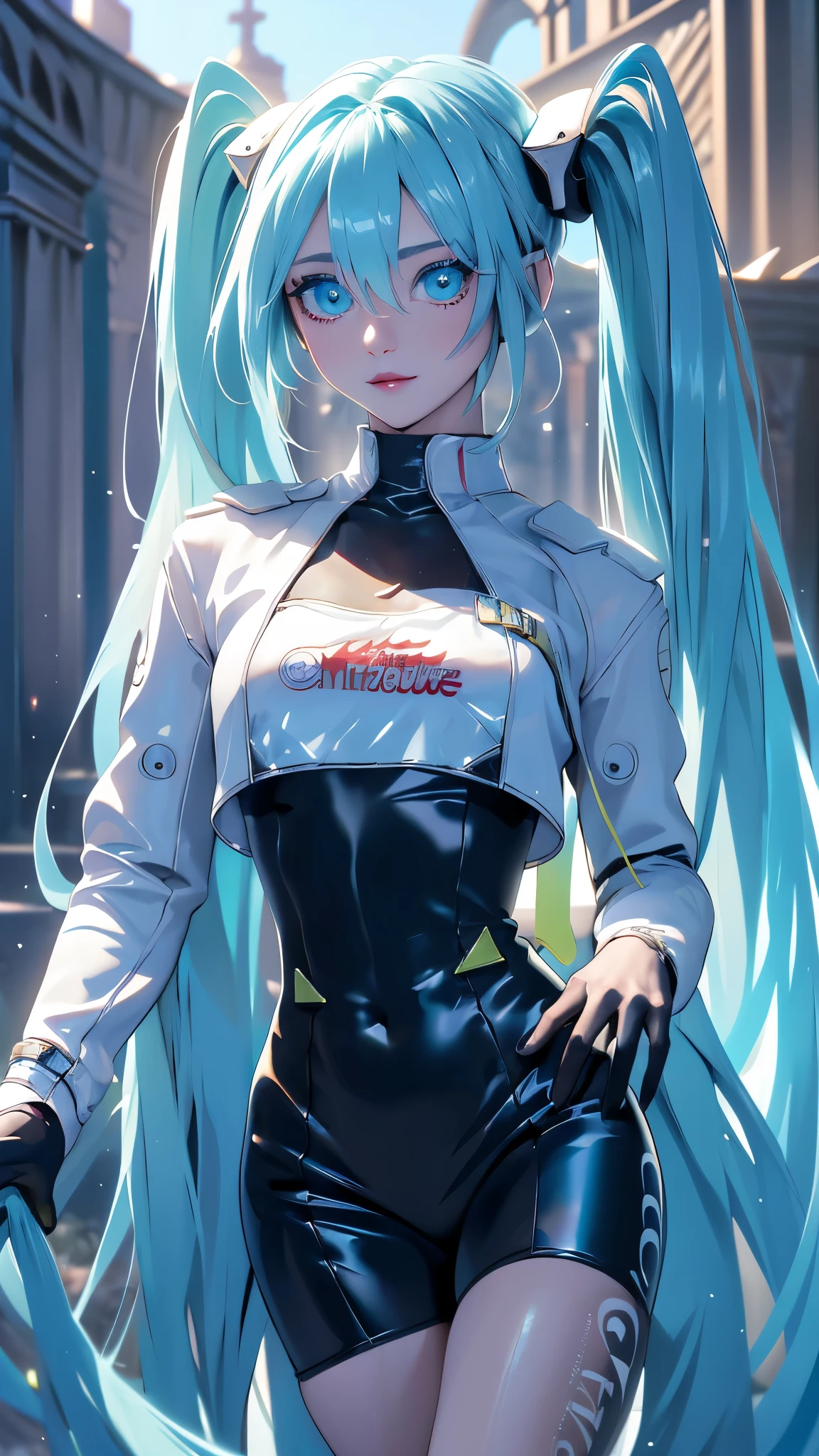 (La mejor calidad,A high resolution,Ultra - detallado,actual), Miku Hatsune, pechos grandes, dynamic pose , pelo verde oscuro, (colas gemelas) , cabello muy largo, Put your arms behind your back, blue eyes, ojos brillantes, cara relajada, pelo de las cejas, cabello brillante,,(Fondo de ruinas de mazmorra en ruinas:1.4 ), piel brillante, una ligera sonrisa, Racing Miku, Body negro, chaqueta corta, chaqueta blanca, manga larga, guantes de dos tonos, botas altas de muslo,,(Fondo de ruinas de mazmorra en ruinas nublado lluvia :1.4 ),(Obra maestra: 1.4), (8K, realista, foto cruda, La mejor calidad: 1.4),(Miku Hatsune:1.4), (Miku Hatsune V2.1), (Detalles de la cara: 1.5, (ojos azules hermosos :1.4) , hermoso rostro, ojos bonitos, Contorno del iris, labios delgados: 1.5, Thin, sharp pale eyebrows, Long, dark eyelashes, double tabs),manos perfectas: 1.5, (Cinematic V2.1) 